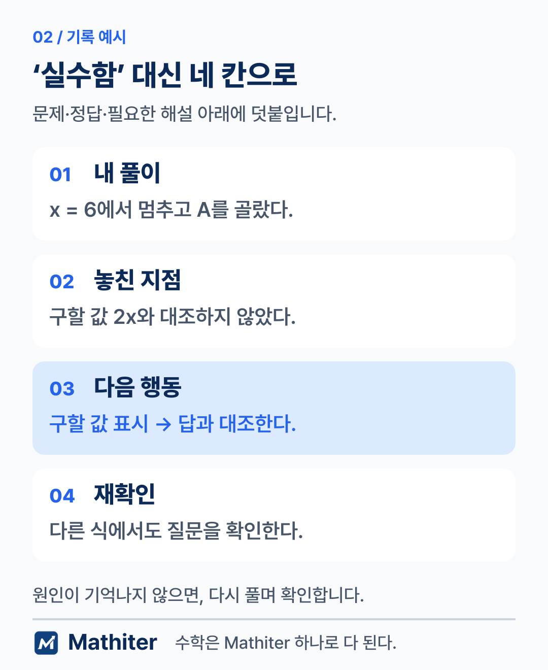 오답노트의 네 칸: 내 풀이 x는 6, 놓친 지점은 구할 값 2x, 다음 행동은 질문 표시, 재확인은 다른 식에서 다시 풀기