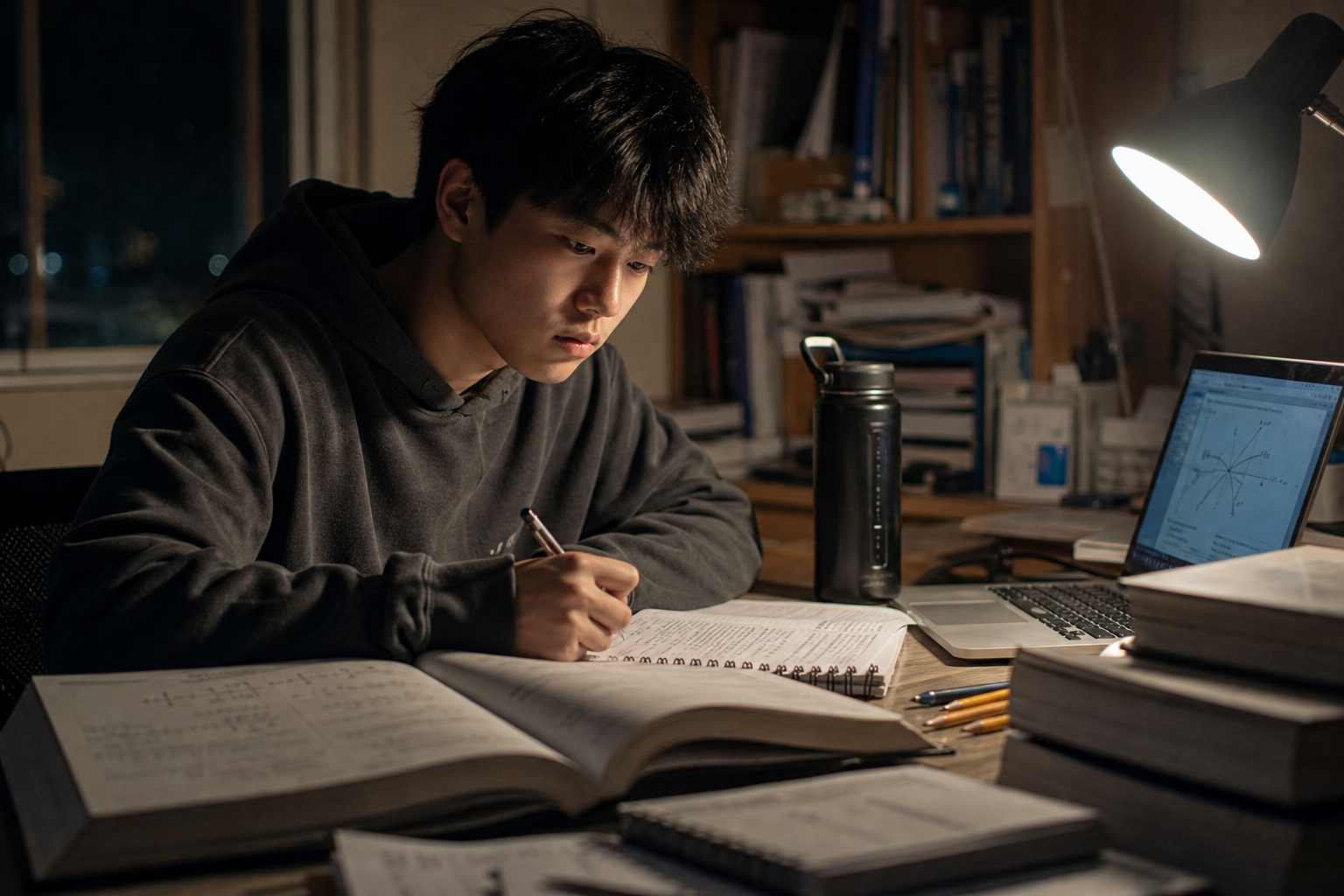 AP Calculus 시험 대비 — 늦은 밤 책상 앞 11학년 학생