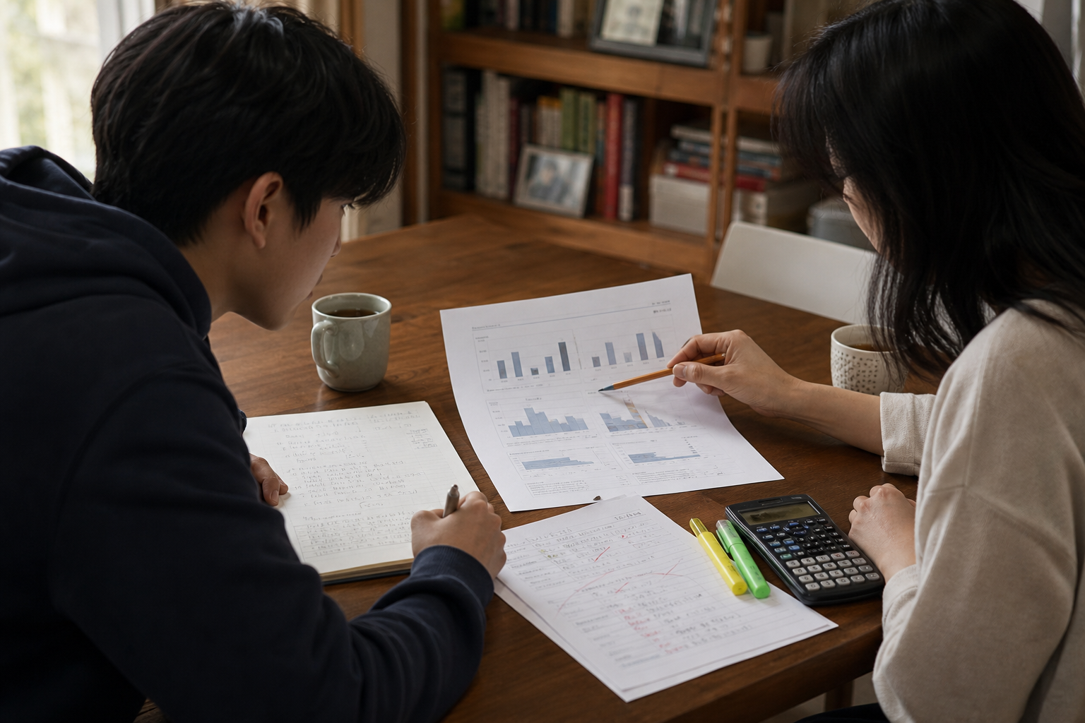 학부모와 G11 자녀가 AP Statistics 모의시험 점수 차트를 함께 보며 어느 함정에서 막히는지 진단하는 모습