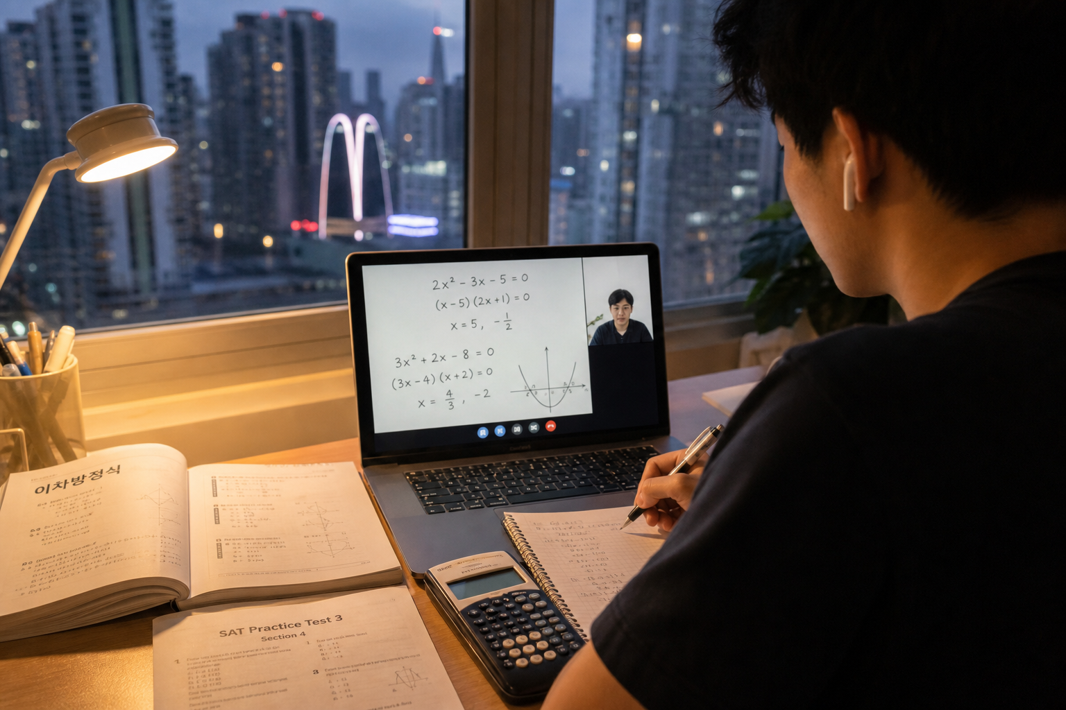 해외에서 Google Meet 기반 1:1 화상 수학 과외를 받는 한국 학생 — 시차 무관, 거리 무관