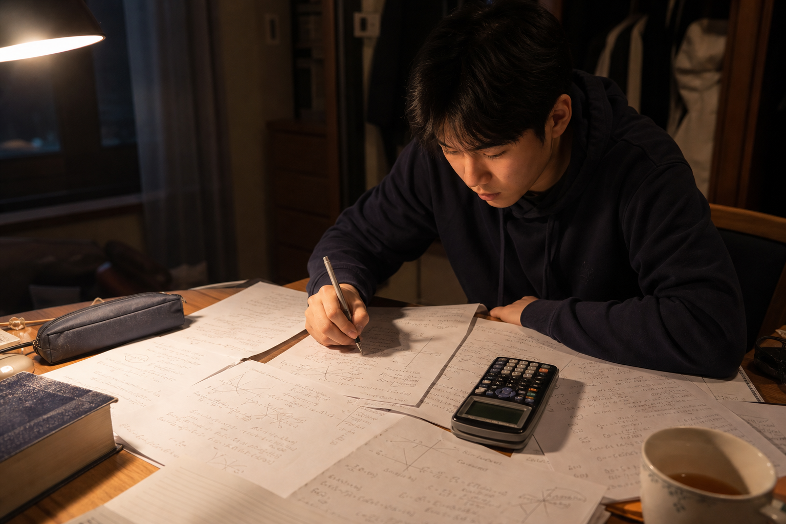 IB DP 학생이 늦은 밤 책상에서 Paper 연습을 풀고 있는 모습 — GDC와 필기 답안이 책상 위에 펼쳐져 있다
