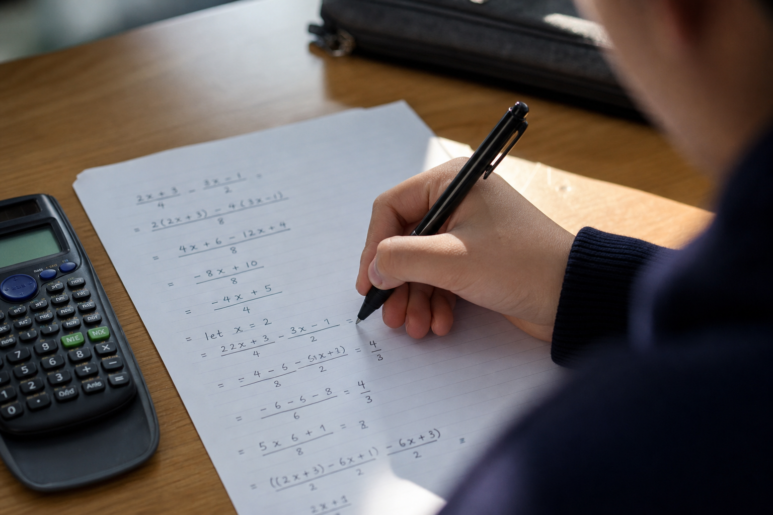 IGCSE 답안지에 풀이를 한 줄씩 손으로 옮기는 학생 — method marks를 지키는 가장 단순한 습관