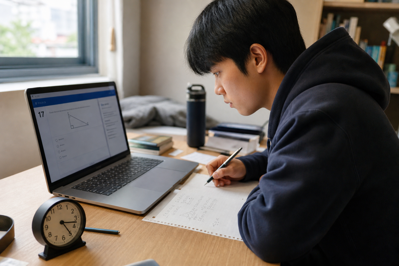 Digital SAT 모의 시험을 풀고 있는 한국 고등학생 — 노트북 + 메모지 + 시간 압박