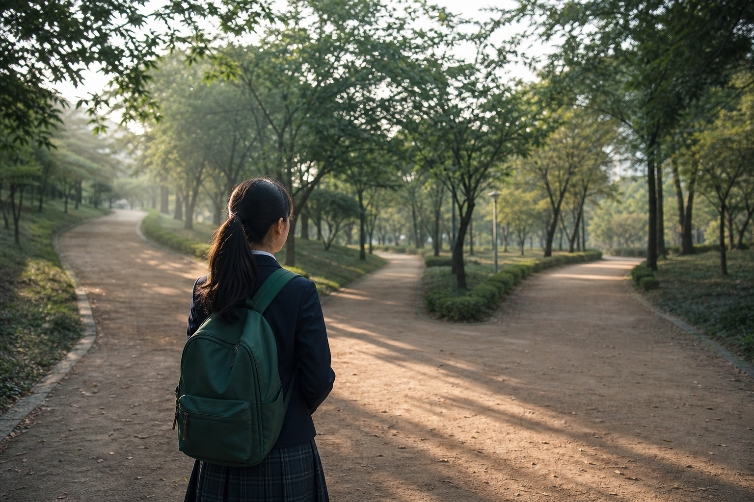 갈림길 앞에 선 학생 — 어느 길로 갈지 결정하는 순간
