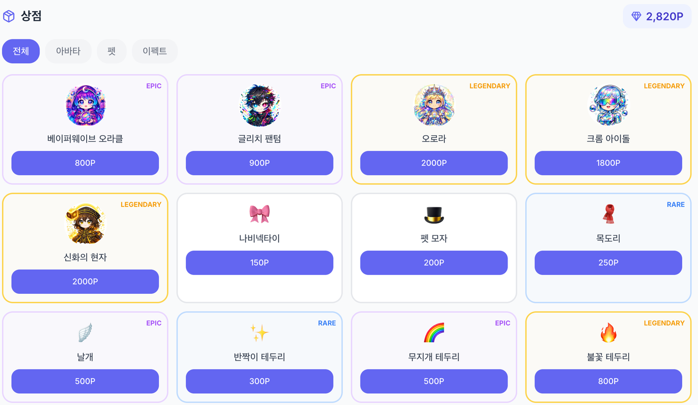 모든 가격이 포인트로만 적혀 있는 상점 화면